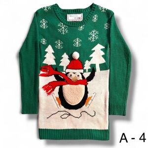 With Love Derek Kids Sz S 7/8 Ugly Christmas Sweater Green Penguin Skating
